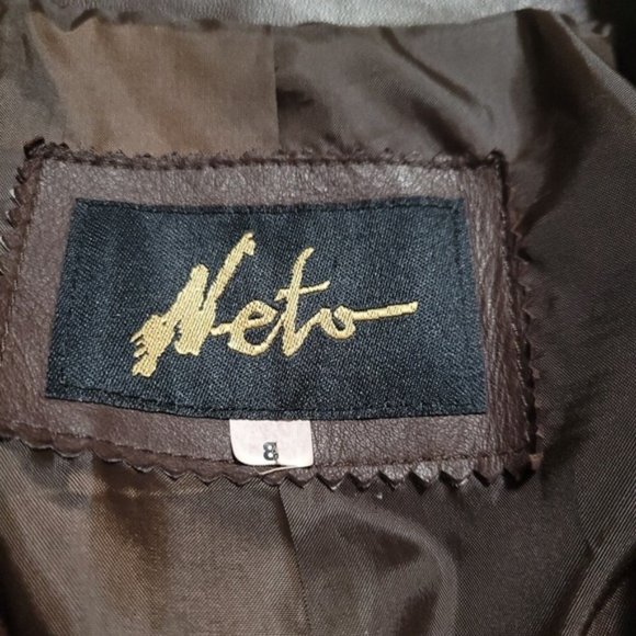 Neto Vintage Dark Brown Ruched Leather Jacket Coat - Picture 4 of 5